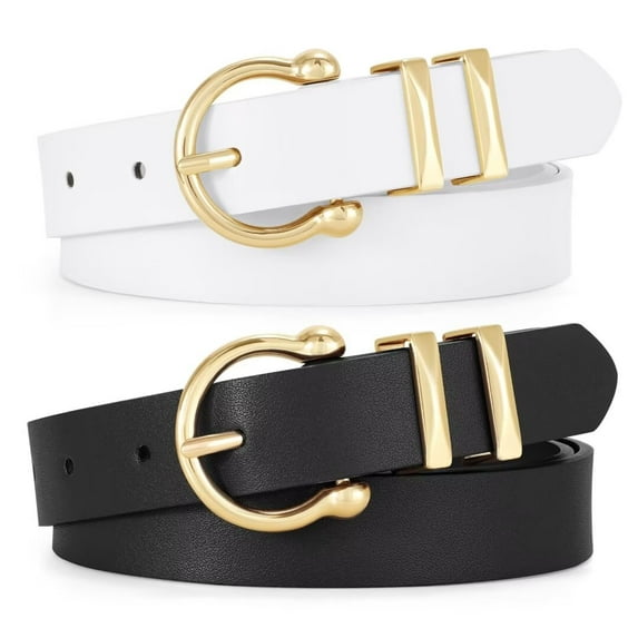 WHIPPY Women's Leather Belts for Jeans Dresses Pants Casual Ladies Belt with Gold Buckle 2 Pack
