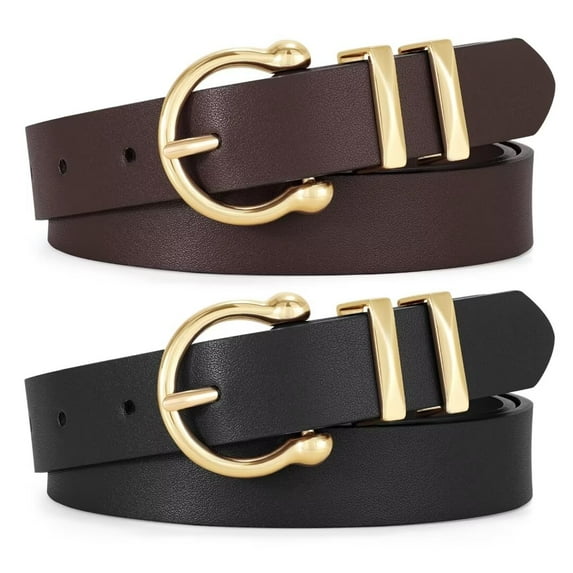 WHIPPY Women's Leather Belts for Jeans Dresses Pants Casual Ladies Belt with Gold Buckle 2 Pack