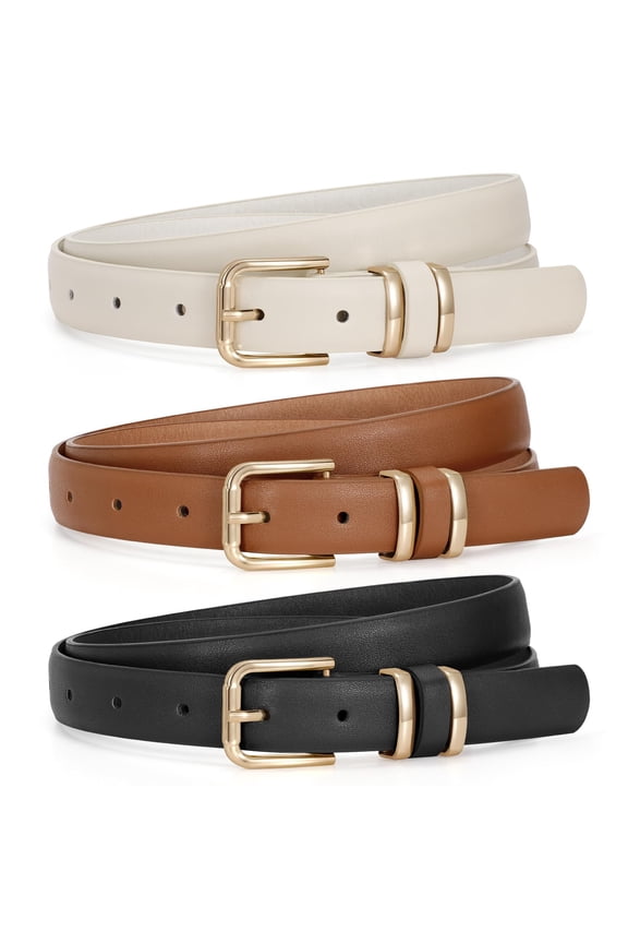Women's Leather Belts for Jeans Dresses Ladies Belts with Gold Buckle 3 Pack