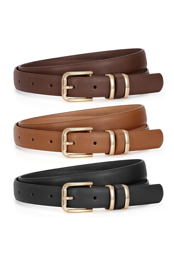 Women's Leather Belts for Jeans Dresses Ladies Belts with Gold Buckle 3 Pack