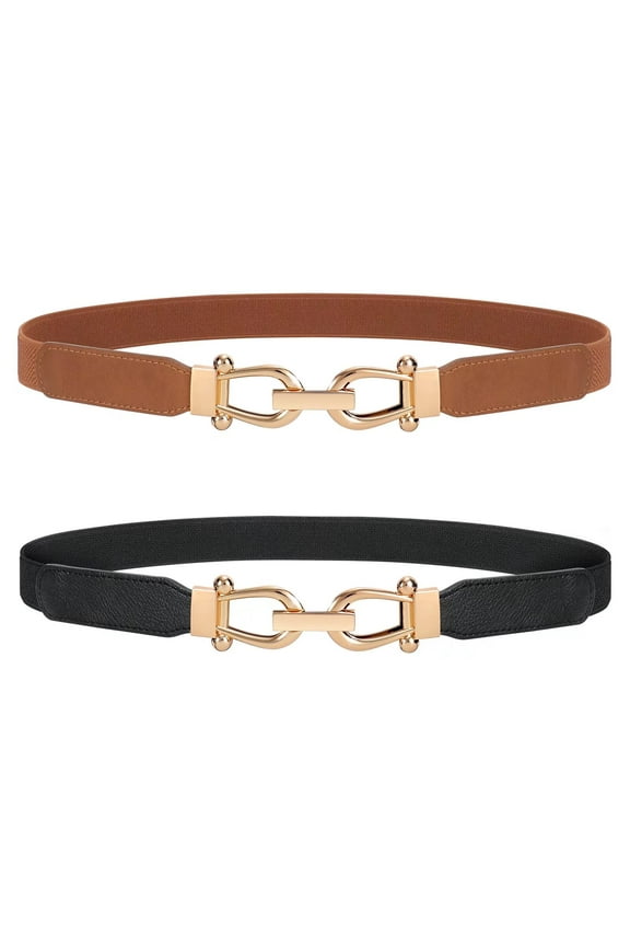 Women's Stretch Belts Elastic Skinny Belt with Gold Buckle for Dresses