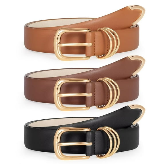 WHIPPY Womens Leather Belts for Jeans Brown Casual Ladies Dresses Belt with Gold Buckle