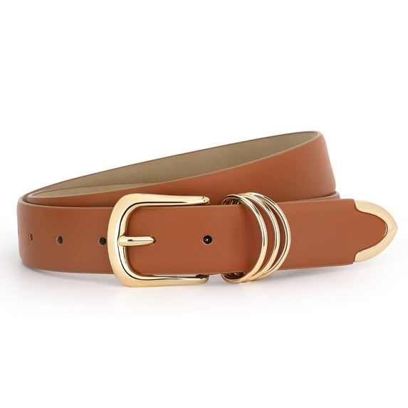 WHIPPY Womens Leather Belts for Jeans Brown Casual Ladies Dresses Belt with Gold Buckle