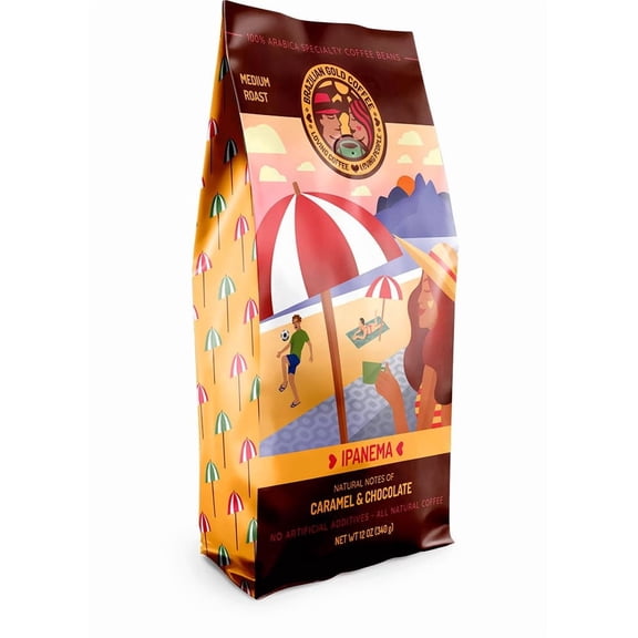 Brazilian Gold Coffee Ipanema Gourmet Caramel & Chocolate Low Acidity Medium Roast, 12 oz Whole Bean