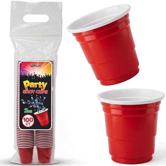 WHISC Red Disposable Shot Glasses, 2 oz 100-Pack Bulk Plastic Shot Cups for Parties, Jello Shots, Tastings, Samples & Events Durable, Stackable Mini Party Cups for Barware & Catering