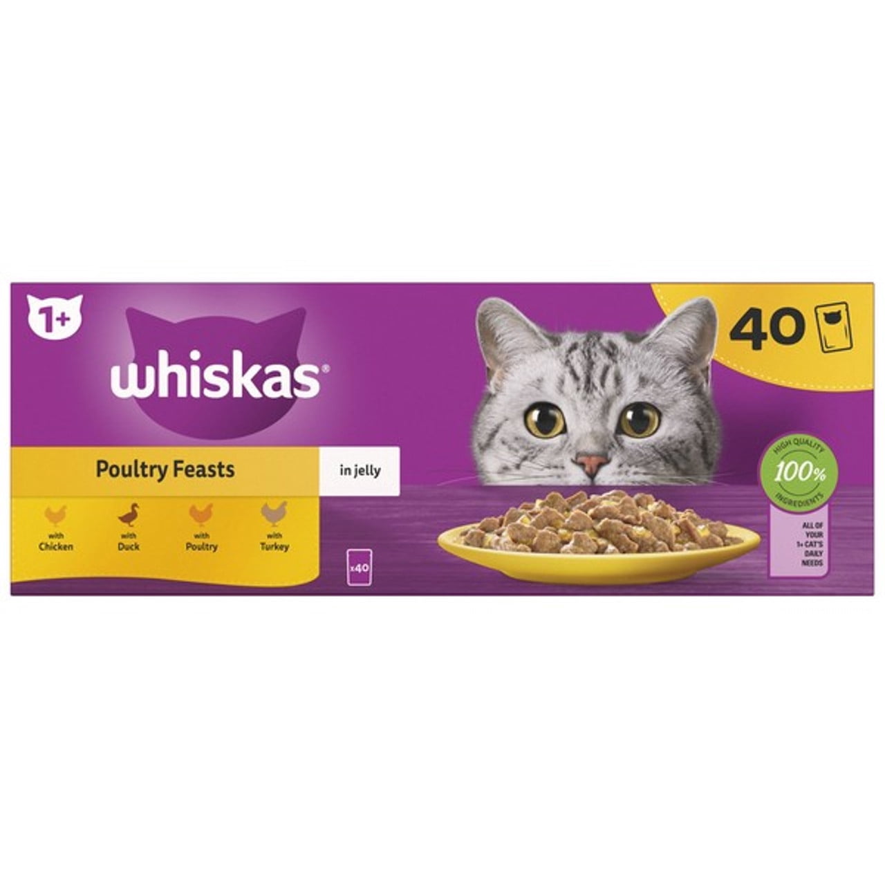 WHISKAS 1+ Cat Pouches Poultry Feasts in Jelly Cat Food 40x85g