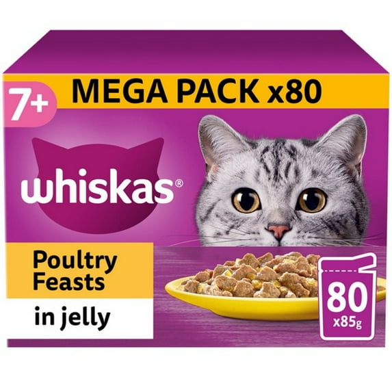 WHISKAS 7+ Cat Pouches Poultry Feasts in Jelly Cat Food 80x85g