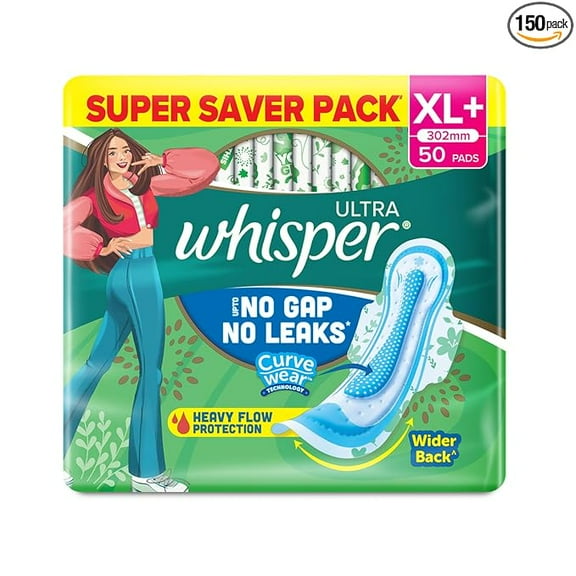 WHISPER ULTRA HYGIENE+COMFORT SANITARY PADS, 50 XL+ PADS, FOR HEAVY FLOW, LONG LASTING PROTECTION, LOCKS ODOUR & WETNESS, DRY TOP SHEET, DISPOSABLE WRAPPER