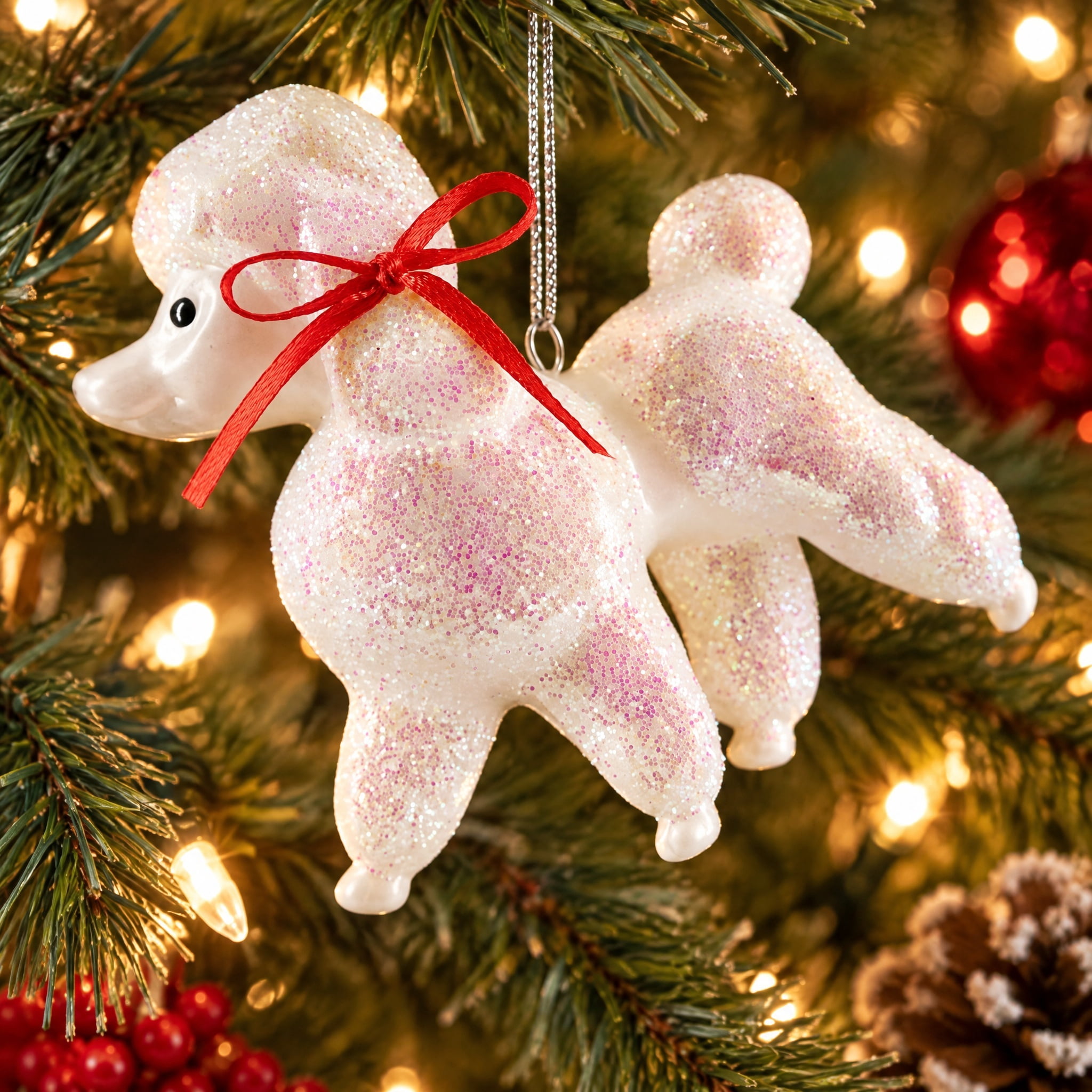 White Iridescent Glitter Poodle Christmas Ornament, 3.5", by Holiday Time