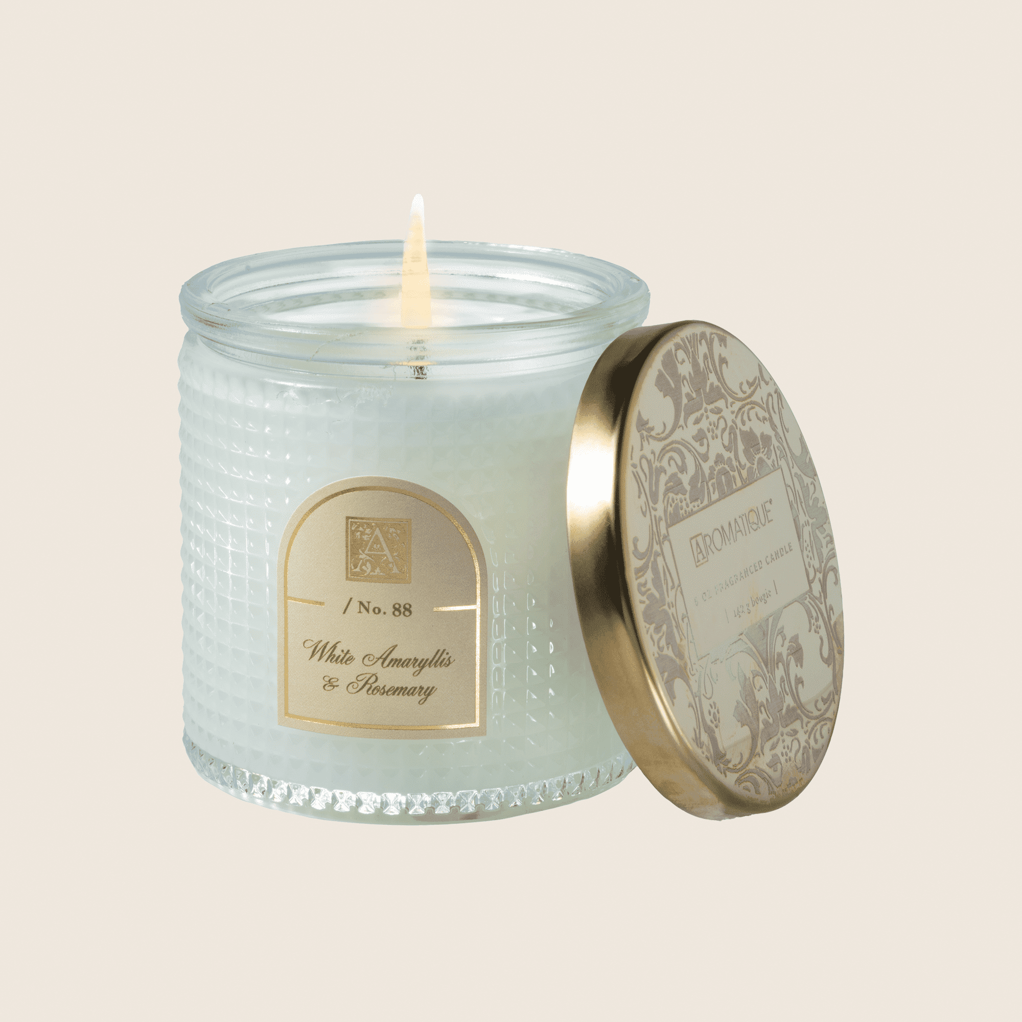 WHITE AMARYLLIS ROSEMARY Aromatique Textured Glass Metal Lid 6 oz Scented Jar Candle
