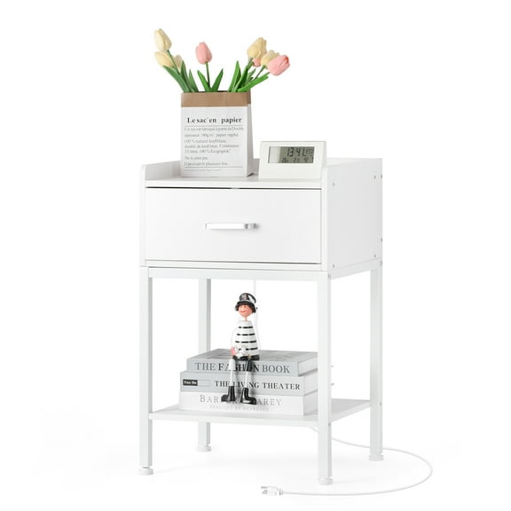 WHITE Bedside Table with Charging Station 2 Tier Side Table With Drawers and Storage Shelves Small Bedside Table Suitable for bedrooms, living rooms