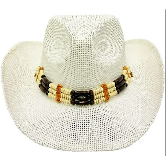 WHITE COWBOY Paper Straw HAT with Beads SHAPEABLE Cowboy Cowgirl Lightweight - New with box/tags