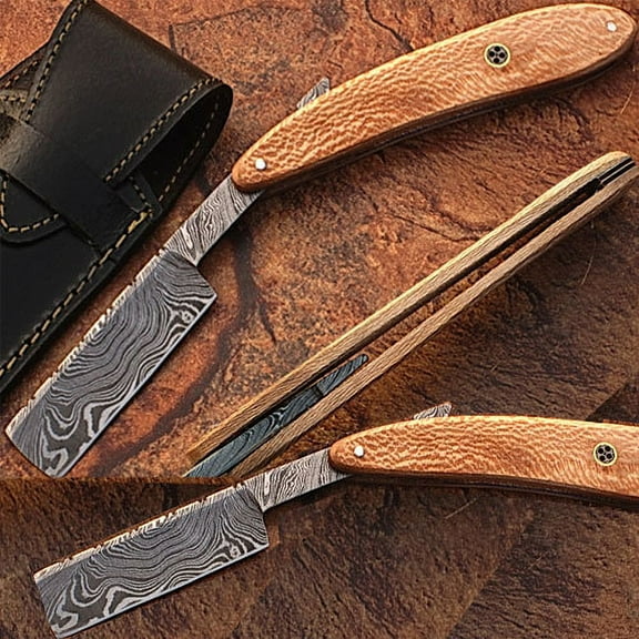 WHITE DEER Damascus Steel Straight Razor w/ Olive Wood Handle
