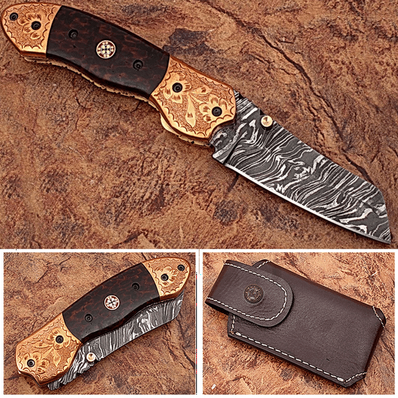 WHITE DEER Executive Series Damascus Folding Knife Rose Copper Bolster Bison Grip