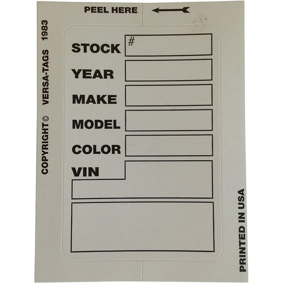 WHITE Dealer Stock Sticker Versa-Tags Stock Tag Versa Decal 100 Kleer-Bak Clear
