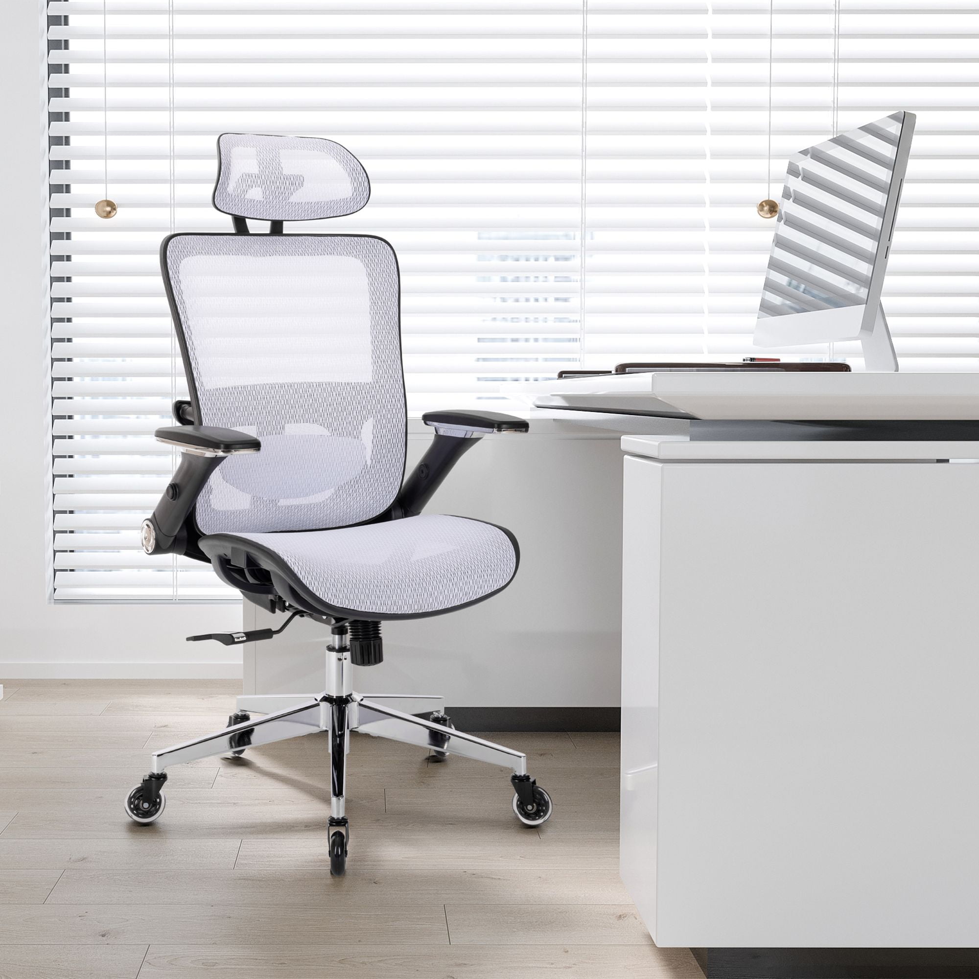 WHITE Ergonomic Mesh Office Chair, High Back Adjustable Headrest with