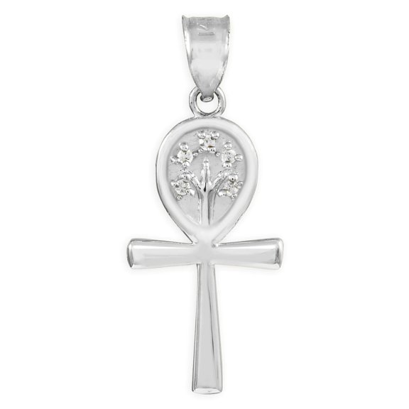WHITE GOLD ANKH CROSS TREE OF LIFE CZ PENDANT NECKLACE : 10K Pendant with 18" chain