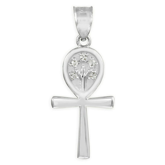 WHITE GOLD ANKH CROSS TREE OF LIFE CZ PENDANT NECKLACE : 14K Pendant with 18" chain
