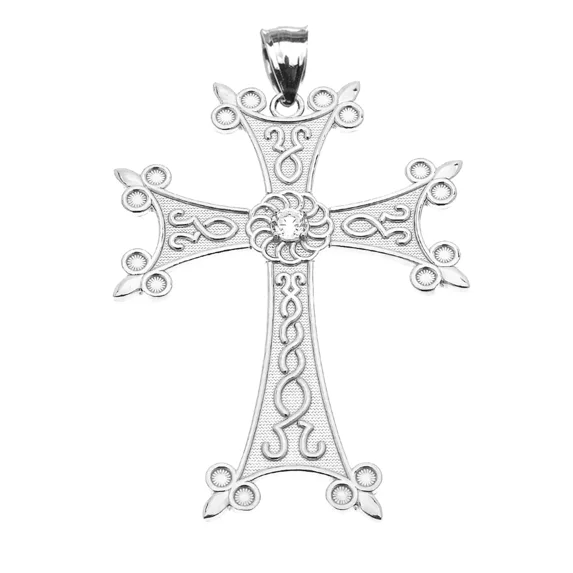 WHITE GOLD ELEGANT ARMENIAN CROSS WITH ETERNITY DIAMOND PENDANT NECKLACE (LARGE)
