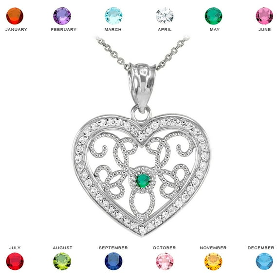 WHITE GOLD FILIGREE HEART DIAMOND AND CZ PENDANT NECKLACE : 14K Pendant with 18" chain Emerald Green (May)
