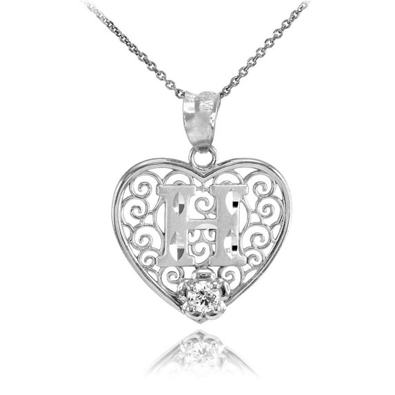 WHITE GOLD FILIGREE HEART "H" INITIAL CZ PENDANT NECKLACE : 14K Pendant with 20" chain