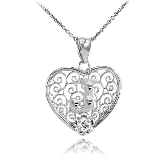 WHITE GOLD FILIGREE HEART "J" INITIAL CZ PENDANT NECKLACE : 10K Pendant with 20" chain