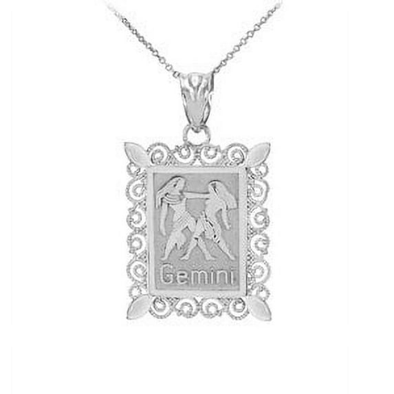 WHITE GOLD GEMINI ZODIAC SIGN FILIGREE SQUARE PENDANT NECKLACE