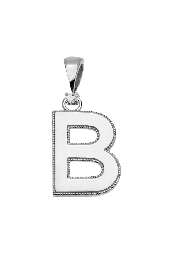 WHITE GOLD HIGH POLISH MILGRAIN SOLITAIRE DIAMOND "B" INITIAL PENDANT NECKLACE