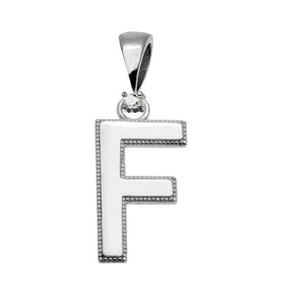 WHITE GOLD HIGH POLISH MILGRAIN SOLITAIRE DIAMOND "F" INITIAL PENDANT NECKLACE