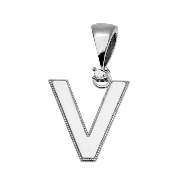 WHITE GOLD HIGH POLISH MILGRAIN SOLITAIRE DIAMOND "V" INITIAL PENDANT NECKLACE : 10K Pendant with 18" chain