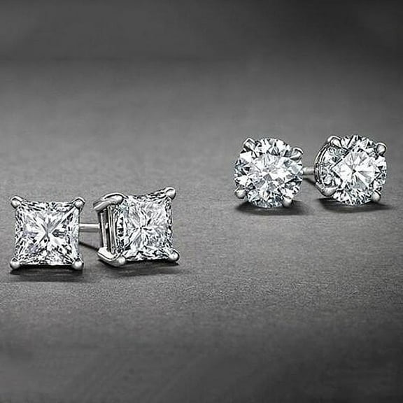 WHITE GOLD High Polish Finish  STUD EARRINGS CUBIC ZIRCONIA ROUND AND PRINCESS CUT 2PC CZ EARRINGS SET
