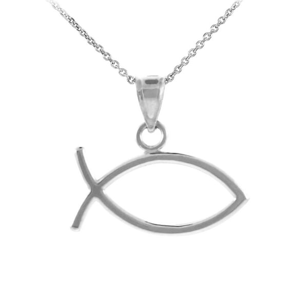 WHITE GOLD ICHTHUS FISH HORIZONTAL PENDANT NECKLACE - 14K, Pendant with 18" chain