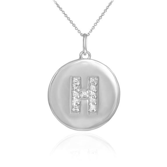 WHITE GOLD LETTER "H" INITIAL DIAMOND DISC PENDANT NECKLACE