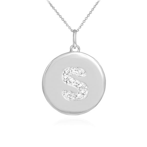 WHITE GOLD LETTER "S" INITIAL DIAMOND DISC PENDANT NECKLACE : 14K Pendant with 16" chain