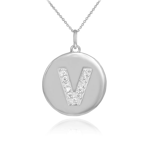WHITE GOLD LETTER "V" INITIAL DIAMOND DISC PENDANT NECKLACE : 10K Pendant with 22" chain