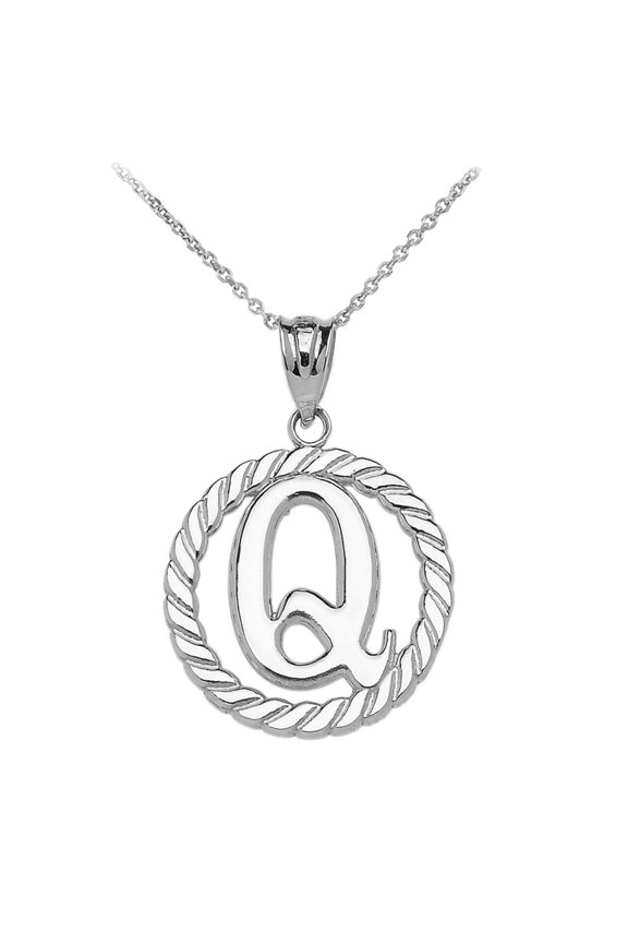 WHITE GOLD "Q" INITIAL IN ROPE CIRCLE PENDANT NECKLACE :  14K  Pendant with 16" chain