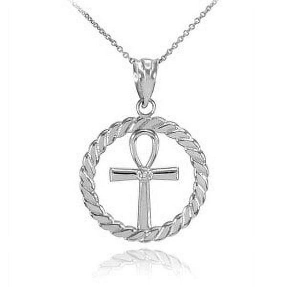 WHITE GOLD ROPED CIRCLE EGYPTIAN ANKH CROSS WITH DIAMOND PENDANT NECKLACE : 14K Pendant with 22" chain
