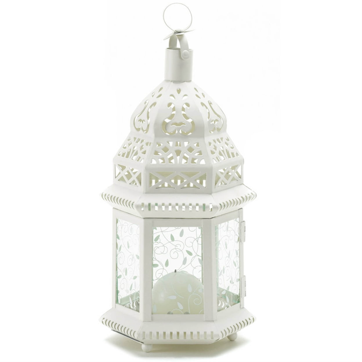 White Metal and Glass Moroccan Style Hanging Lantern