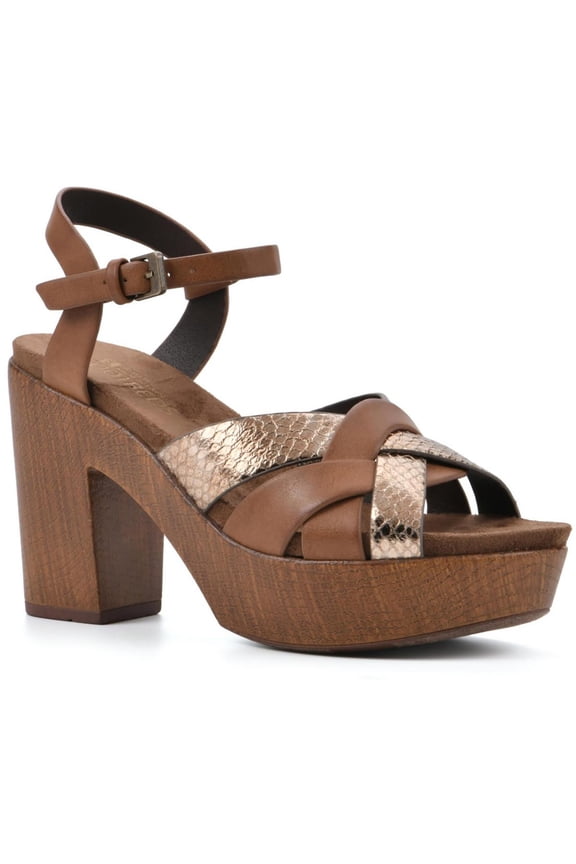 FOOTBEDS Womens Brown Mixed Media 1-1/2" Faux-Wood Platform Ankle Strap Padded Achiever Open Toe Block Heel Buckle Dress Heeled Sandal 11 M