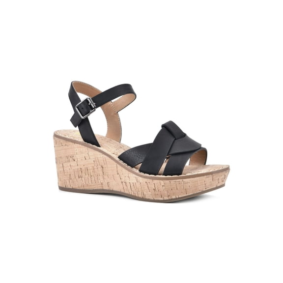 WHITE MOUNTAIN Womens Black 1-1/2" Platform Woven Comfort Simple Round Toe Wedge Buckle Heeled Sandal 11 M