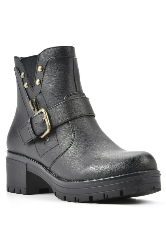 Womens Black 1" Platform Goring Cushioned Buckle Accent Studded Rufus Round Toe Block Heel Zip-Up Moto 10 M