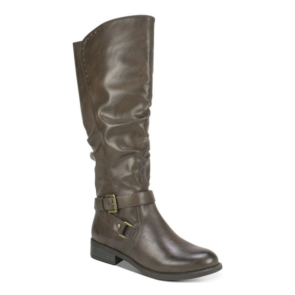 WHITE MOUNTAIN Womens Brown Crisscross Straps Stretch Gore Cushioned Studded Buckle Accent Liona Almond Toe Block Heel Zip-Up Riding Boot 8 M