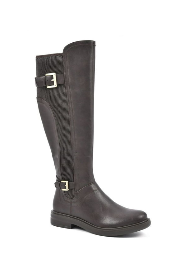Womens Dark Brown Stretch Panels Buckle Accent Cushioned Meditate Round Toe Block Heel Zip-Up Riding Boot 10