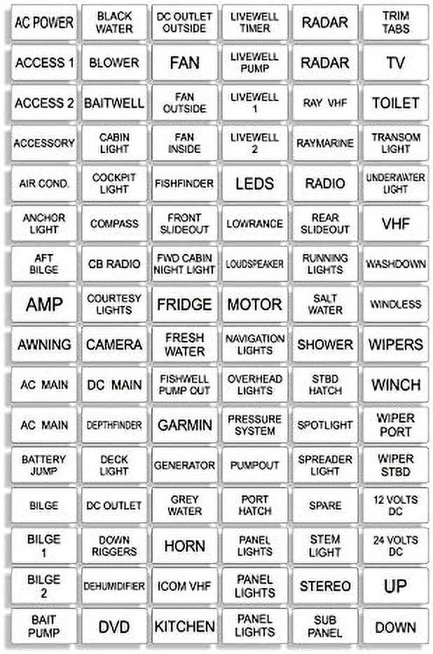 WHITE Marine Boat Board Switch Instrument Panel Decal Sticker Labels Sheet Light Switch Fuse