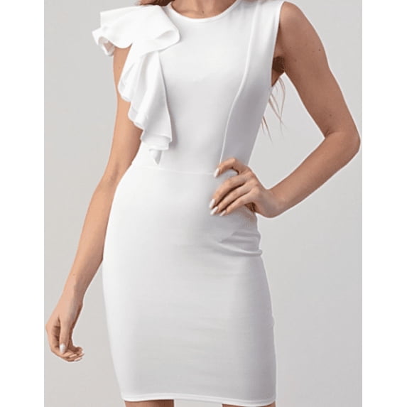 WHITE ONE-SIDE RUFFLED SLEEVE DRESS