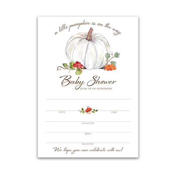 WHITE PUMPKINS Baby Shower INVITATIONS - Pack of 25 - GENDER NEUTRAL Blank Fill-in INVITES with Classy Little Pumpkin is on the way FALL Couples Shower Invites Halloween Gender Reveal Party I332-INV1