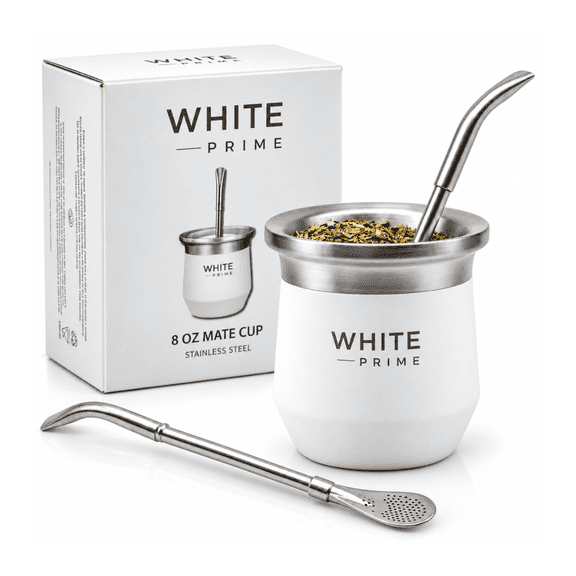 WHITE Prime Yerba Mate Cup 8 oz with Bombilla