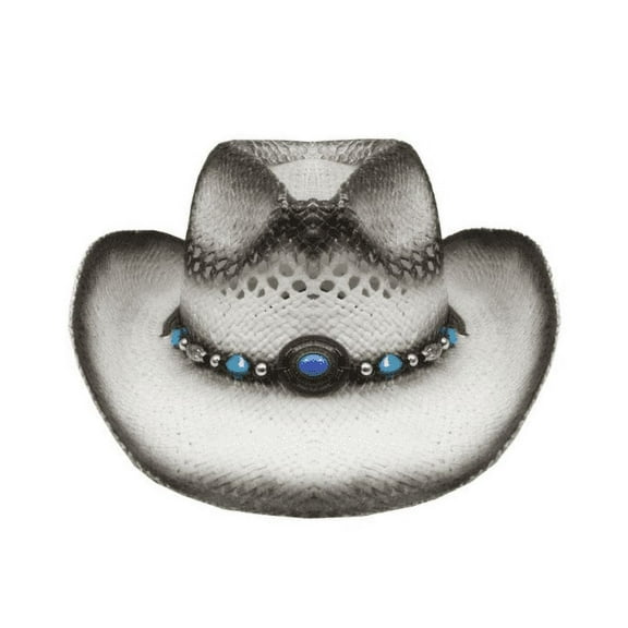WHITE Tea Stain COWBOY Straw HAT w/ Turquoise Blue Beads WOMEN WESTERN Cowgirl