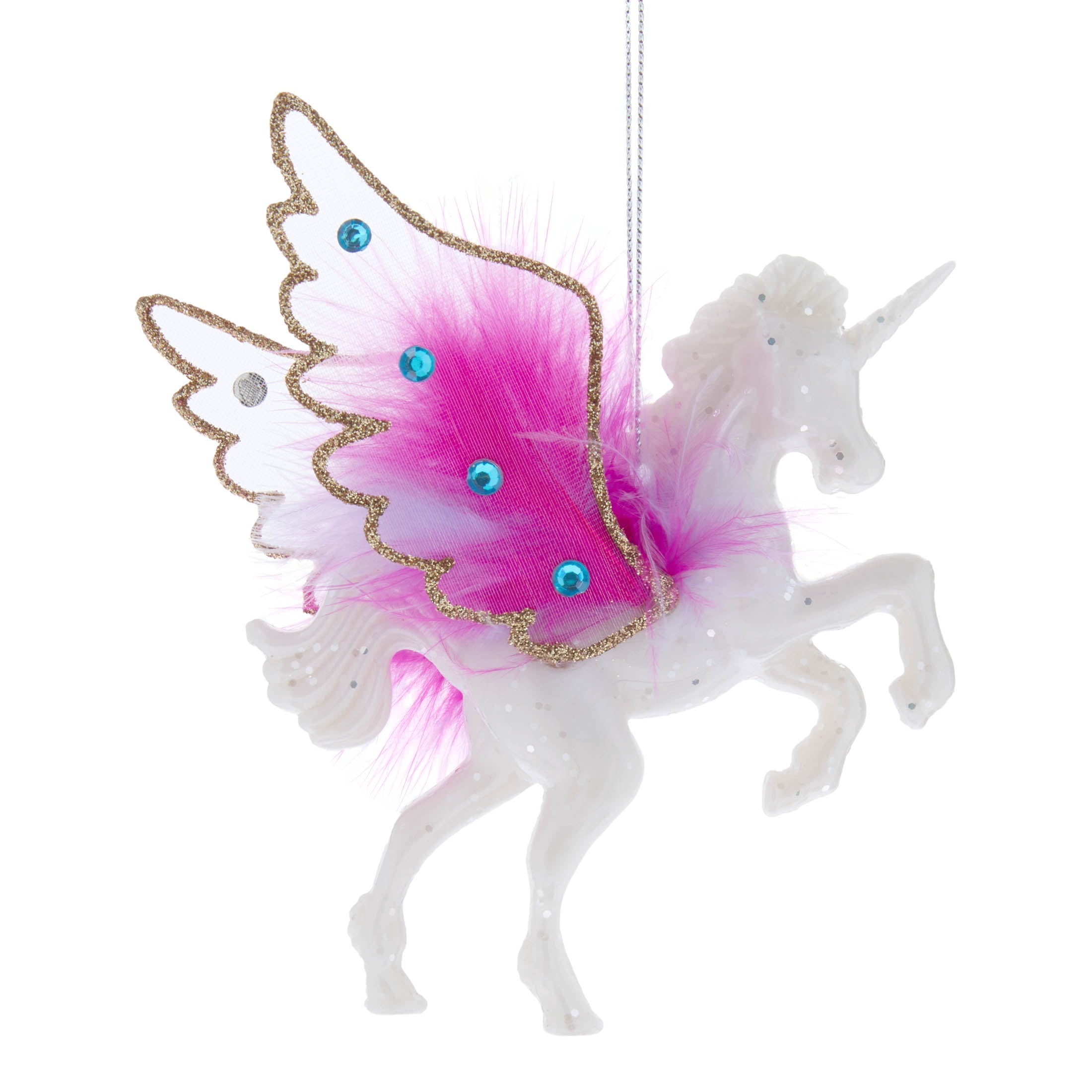 Pearl White/Pink/Gold Flying Unicorn with Fluffy Wings Christmas Ornament, 5.5", by Holiday Time