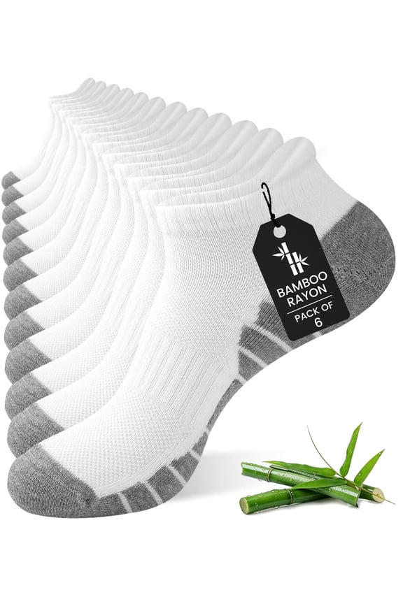 6 Pairs Men's Bamboo Fiber Ankle Socks, Low Cut Cushioned Athletic Running Workout Fitness Socks ,WHITE ( 10-13)